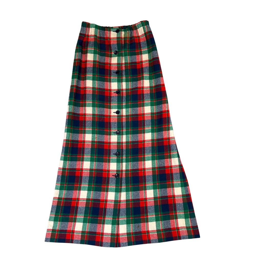 Vintage Pendleton Knockabouts Wool Plaid Maxi Skirt Red Button Front USA 28